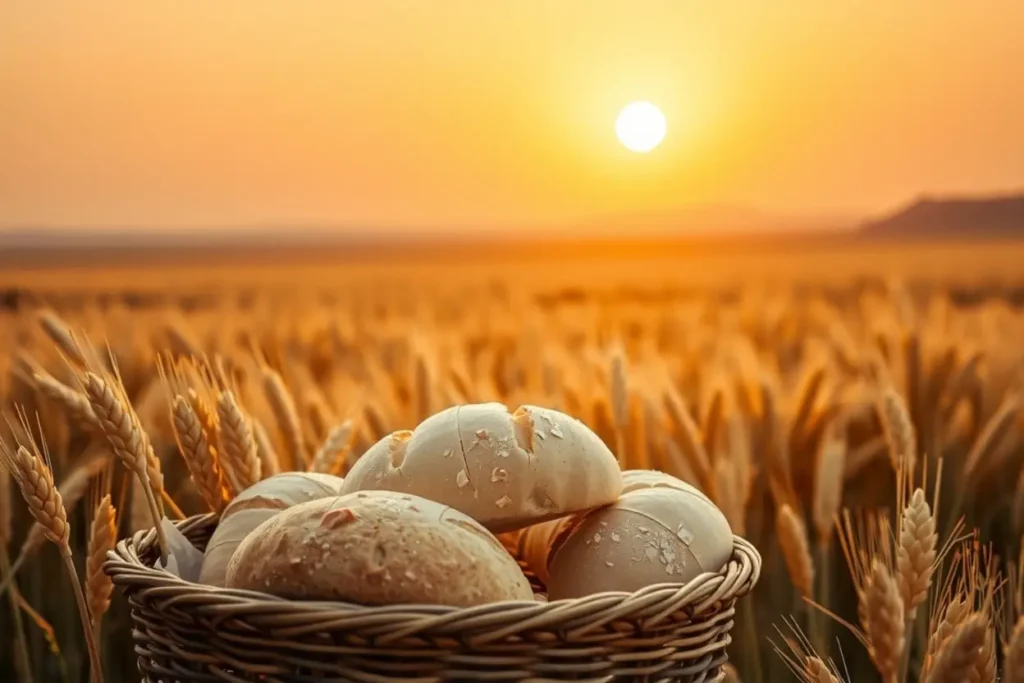 Campo de trigo com cesta de pães, simbolizando a provisão divina em Belém.