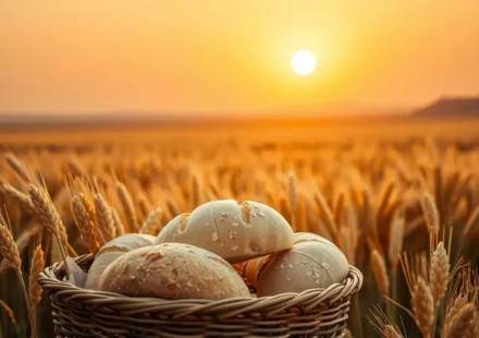 A Visita Divina em Belém: Pão e Providência em Rute 1:6 Campo de trigo com cesta de pães, simbolizando a provisão divina em Belém.