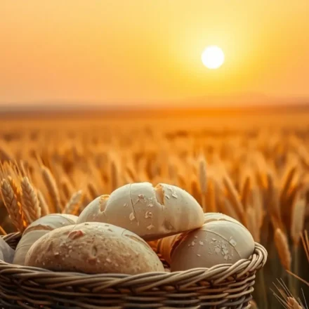 Campo de trigo com cesta de pães, simbolizando a provisão divina em Belém.