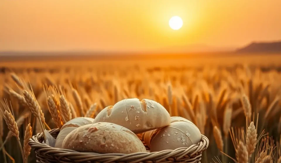 Campo de trigo com cesta de pães, simbolizando a provisão divina em Belém.