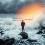 Pessoa em paz em meio à tempestade, protegida pela luz divina.