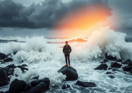 Pessoa em paz em meio à tempestade, protegida pela luz divina.