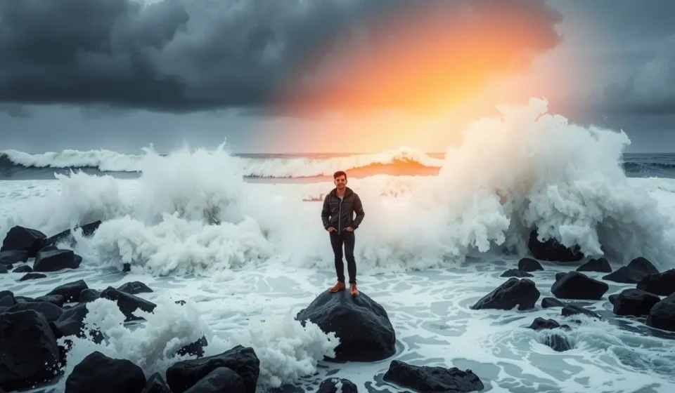Pessoa em paz em meio à tempestade, protegida pela luz divina.