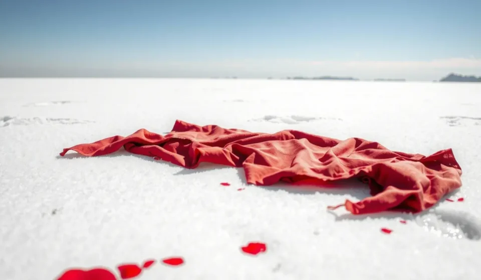 Pano escarlate sobre neve branca, simbolizando a purificação dos pecados.
