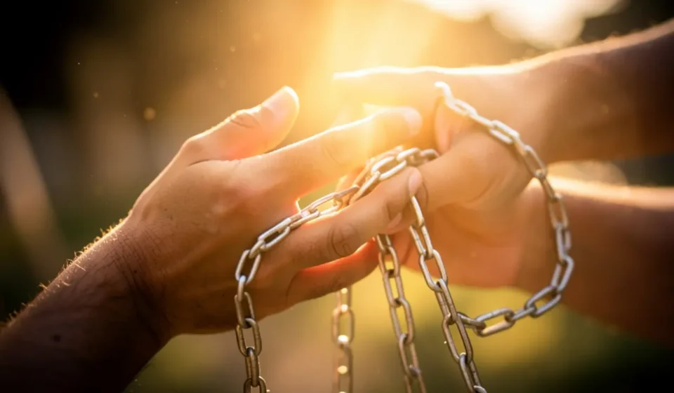 Mãos se libertando de correntes espirituais