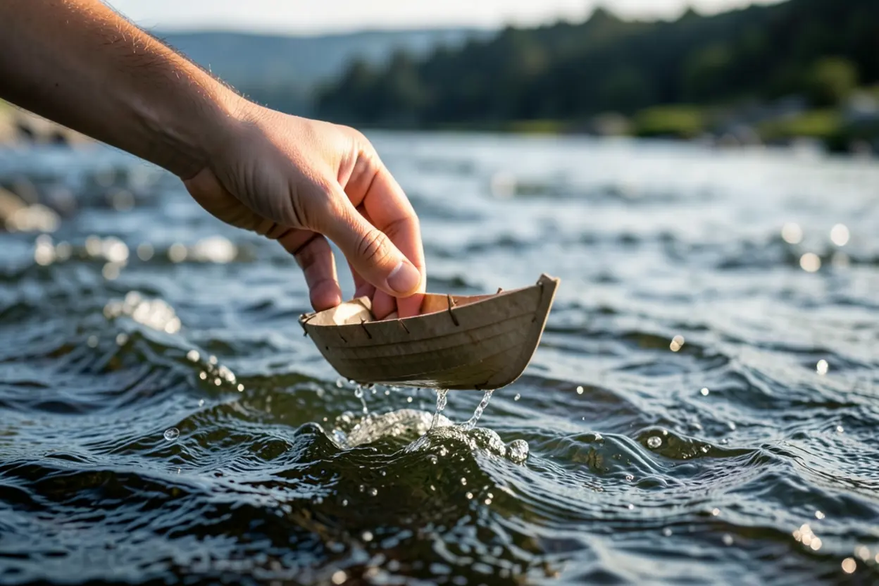 Barco de papel sendo levado pela correnteza, simbolizando a negligência espiritual.