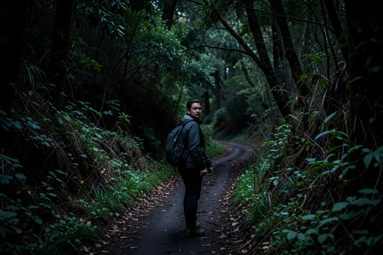 Perigos de Desviar da Fé Pessoa hesitante em caminho sinuoso, simbolizando os perigos de se desviar.