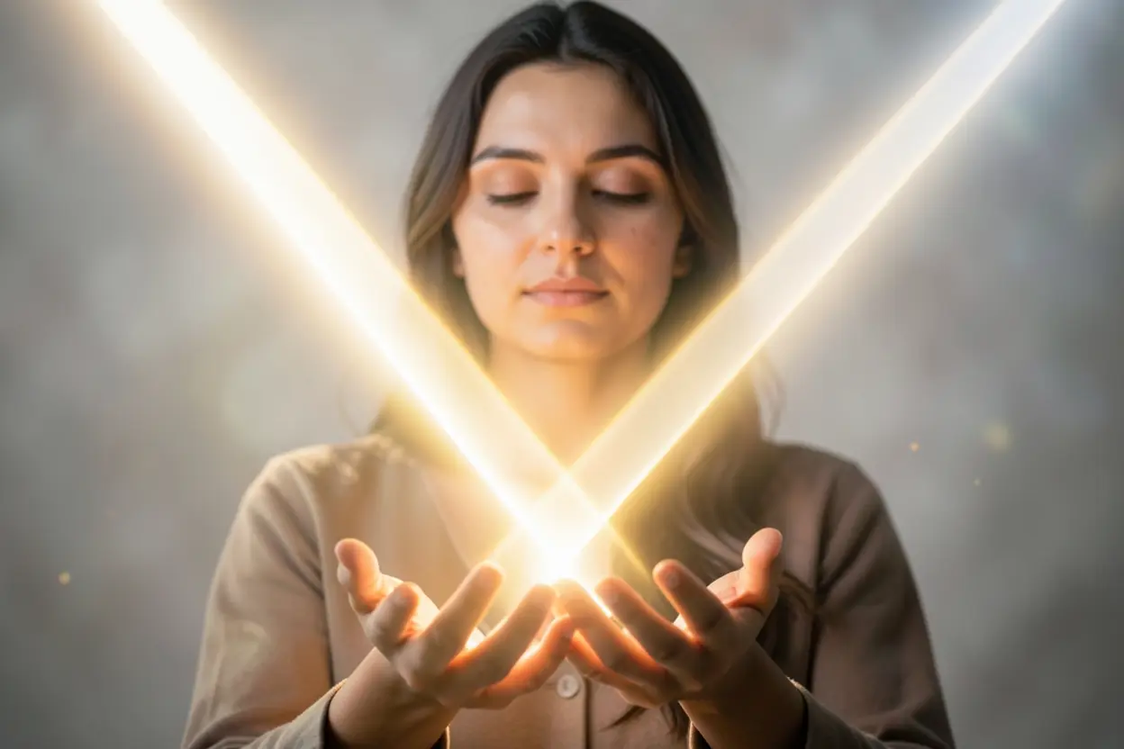 Luzes simbolizando poder, amor e equilíbrio em mãos abertas.