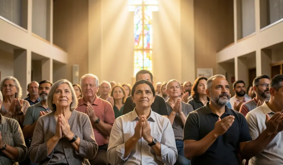 Atos 1:8: O Poder que Transforma a Igreja Hoje – Uma Análise Profunda Igreja orando recebendo poder divino