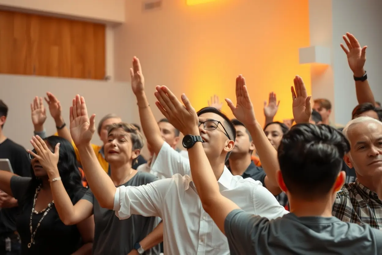 Grupo diverso de pessoas com mãos levantadas, recebendo o poder do Espírito Santo.