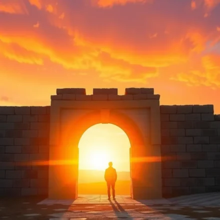 Antigo portão de cidade de refúgio ao pôr do sol