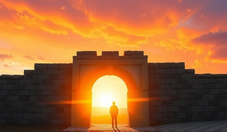 Antigo portão de cidade de refúgio ao pôr do sol