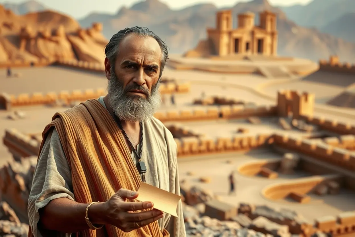 Profeta bíblico em ruínas antigas, proclamando a profecia do cálice de Edom.