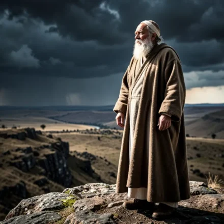 Profeta Obadias em paisagem árida, simbolizando a mensagem de Obadias 1:10.