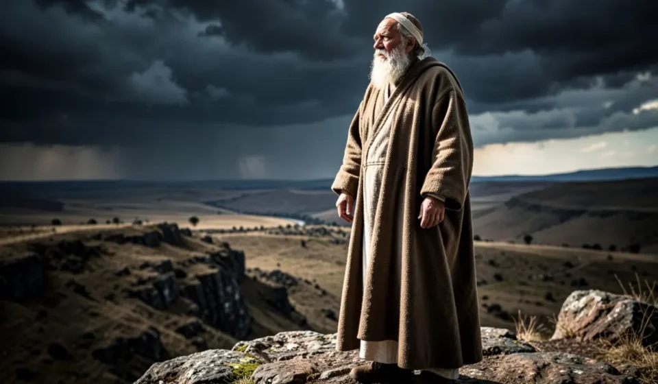 Profeta Obadias em paisagem árida, simbolizando a mensagem de Obadias 1:10.