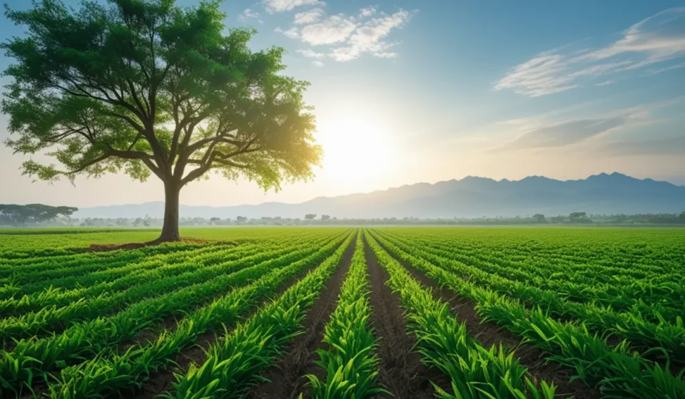 Campo fértil com árvore robusta sob céu esperançoso, simbolizando a multiplicação.