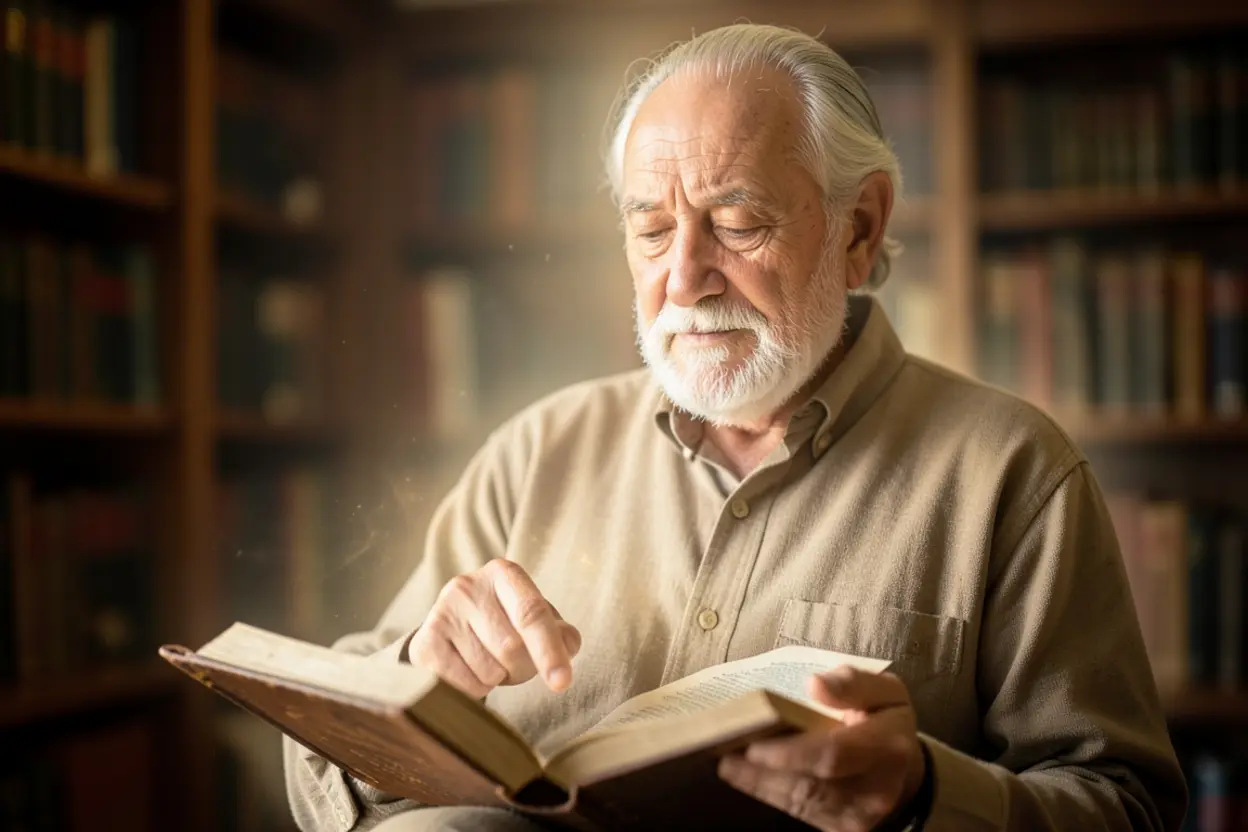 Homem estudando a Bíblia, revelando o propósito divino de 1 Crônicas.