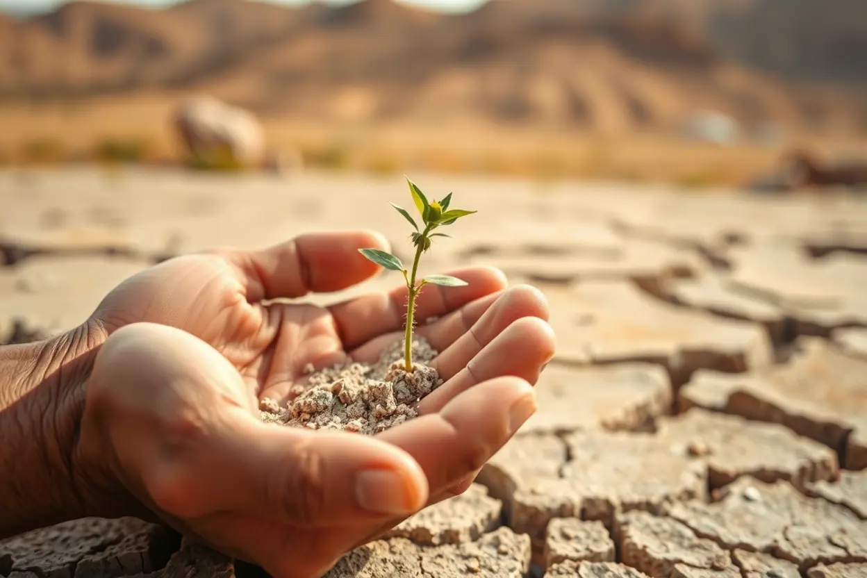 Propósito Divino no Deserto Mãos cultivando vida em solo árido.
