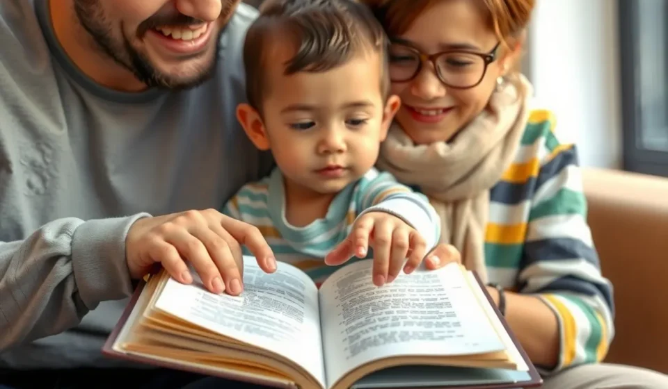 Pai e filho lendo a Bíblia, simbolizando a educação cristã.