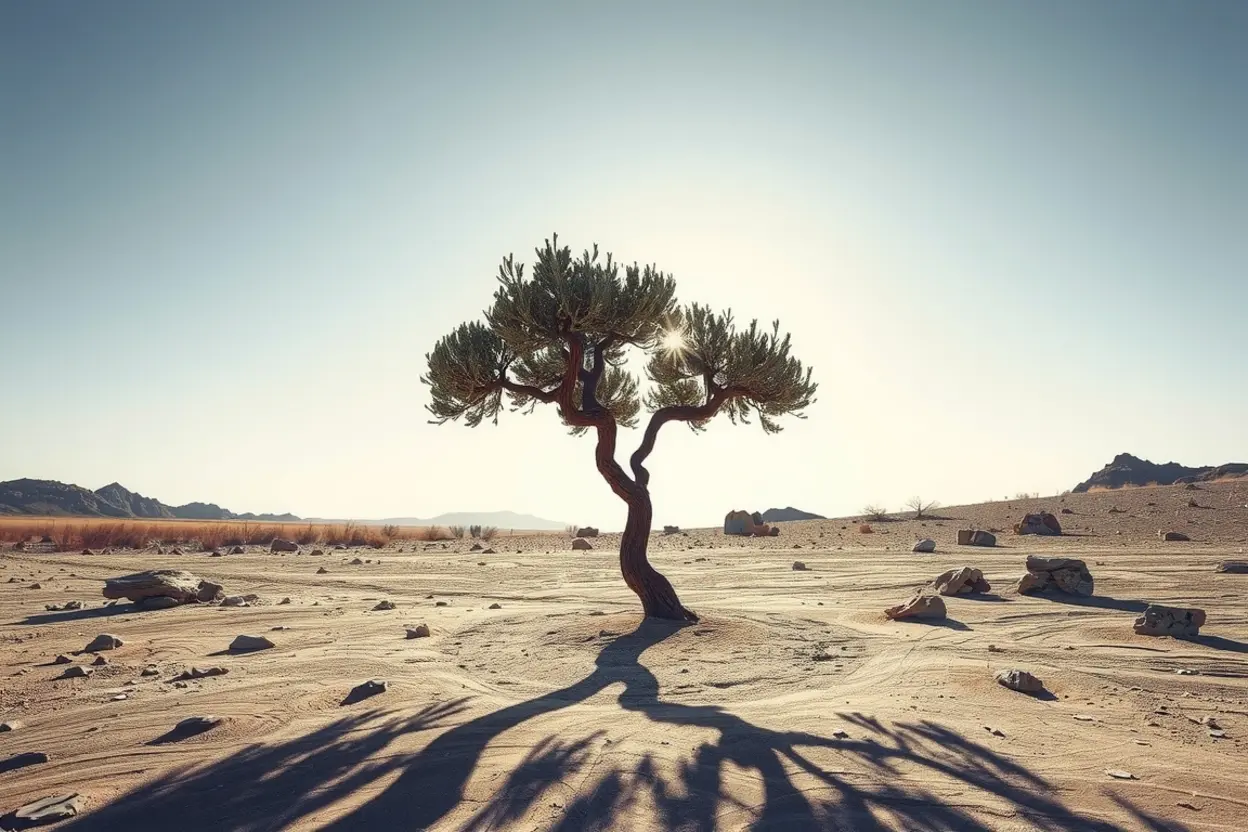 Árvore solitária em deserto, símbolo da providência de Deus no sofrimento.