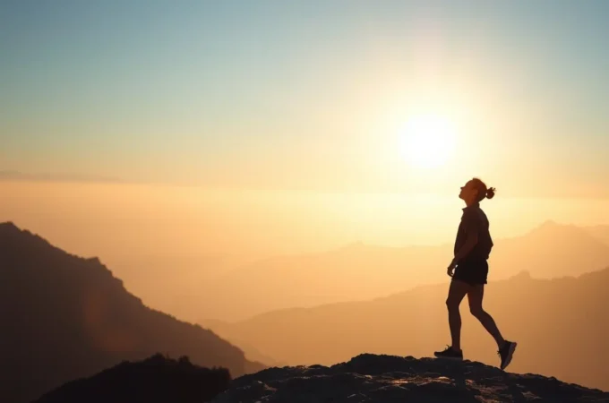 Silhueta de pessoa em montanha com luz divina, simbolizando identidade em Cristo.