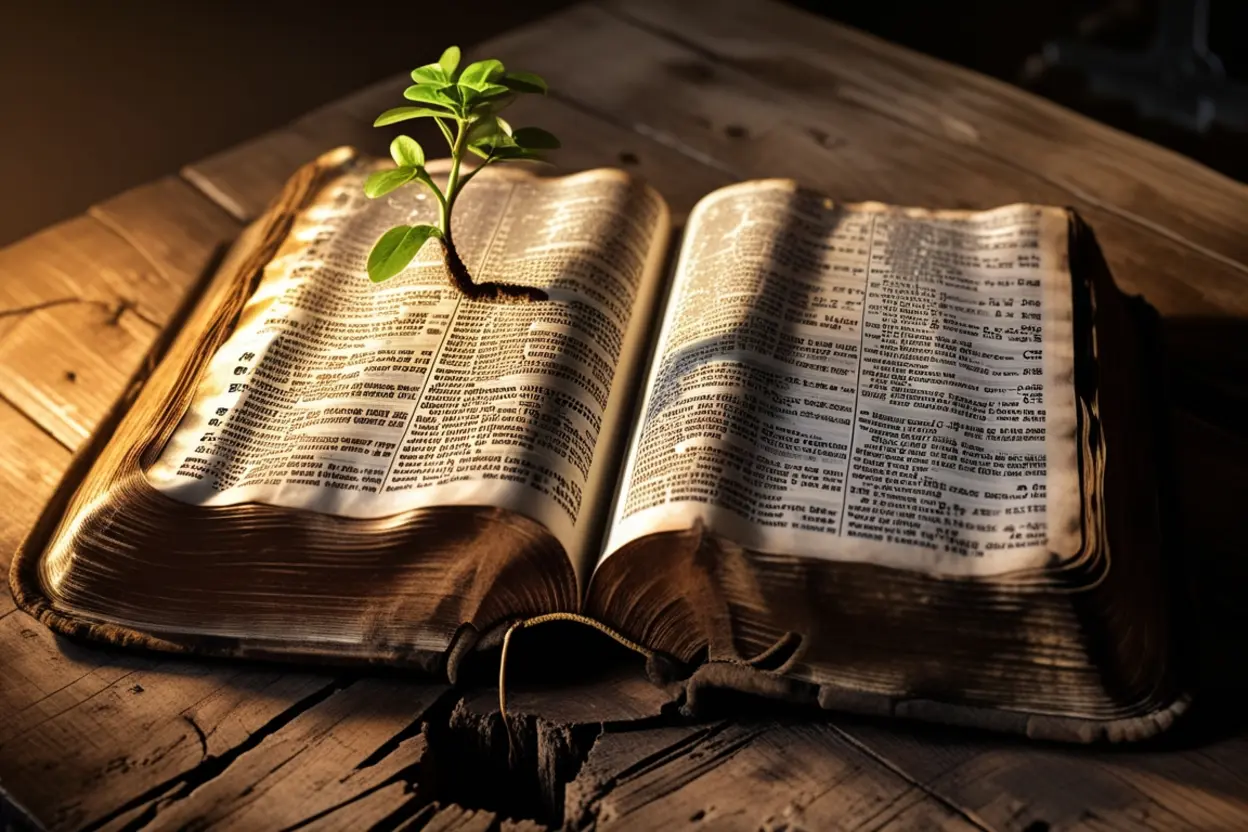 Raízes Bíblicas da Multiplicação Bíblia aberta em mesa rústica, simbolizando as raízes da multiplicação na fé.