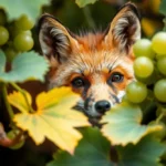 Raposinha entre as vinhas estragando as uvas