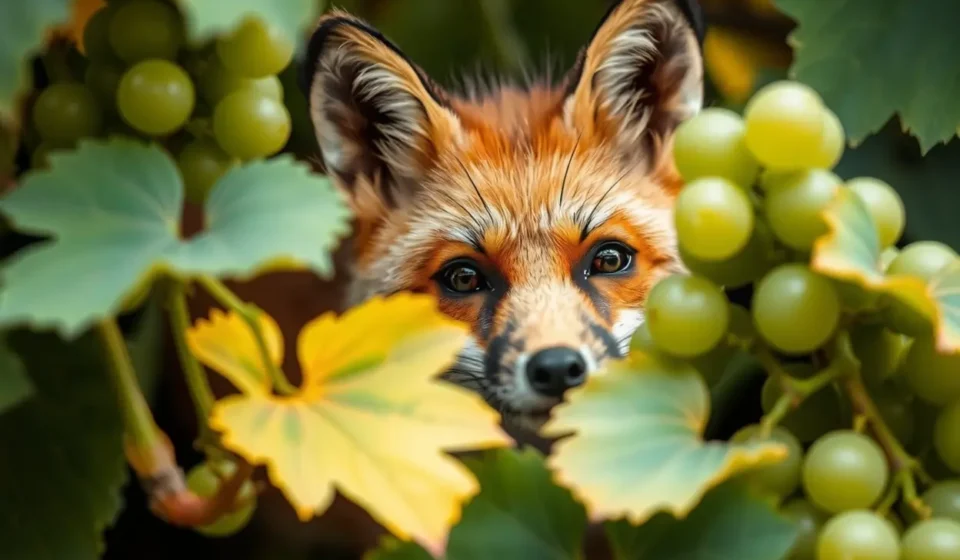 Raposinha entre as vinhas estragando as uvas