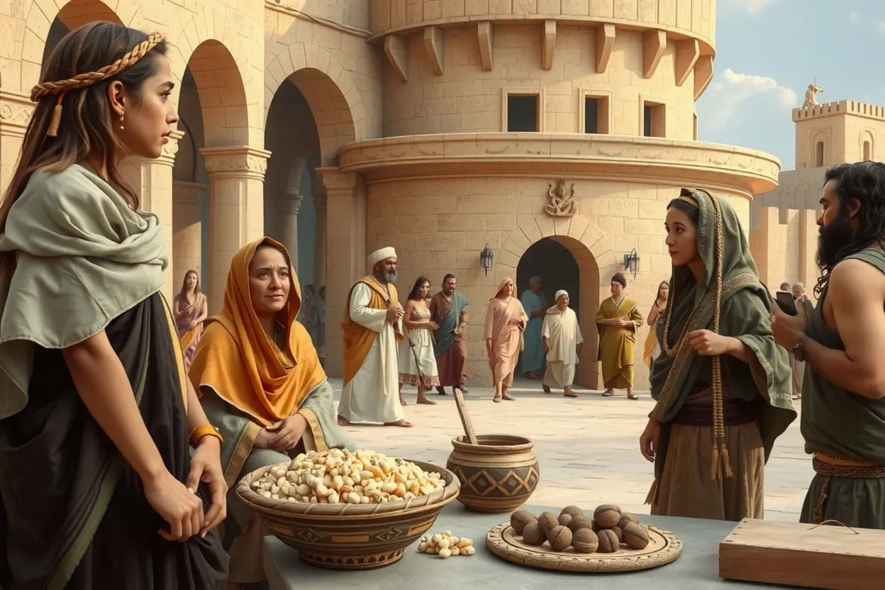 Razões da Não Expulsão Cananeia Cena de mercado com israelitas e cananeus, mostrando a assimilação e as razões da não expulsão.