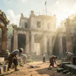 Atos 1:3: A Essência do Reino Revelada por Jesus Ressuscitado Ruínas do templo sendo reconstruídas por trabalhadores dedicados.