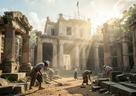 Ruínas do templo sendo reconstruídas por trabalhadores dedicados.