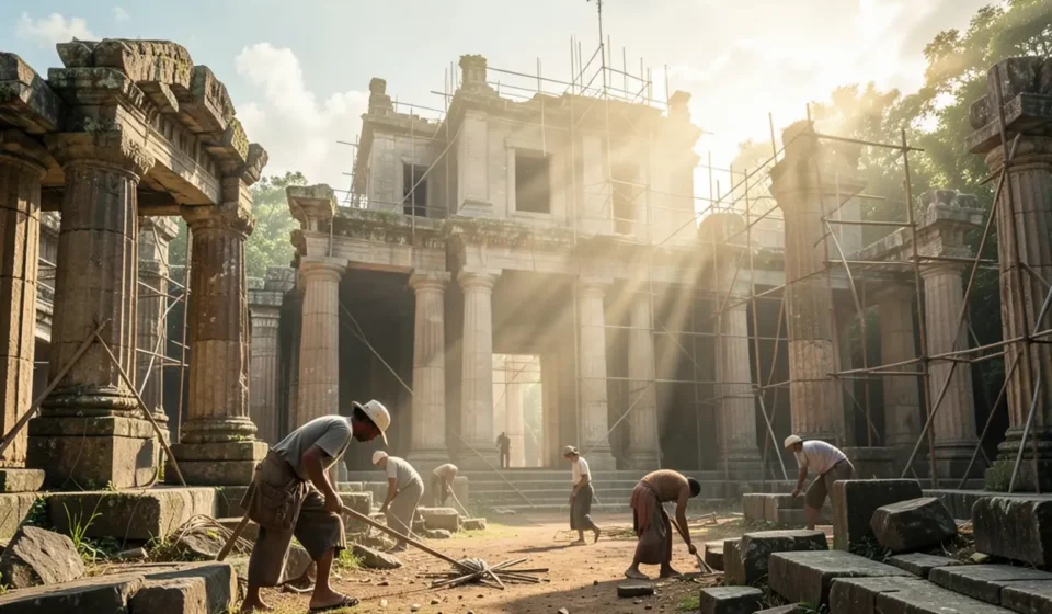 Ageu 1:12: A Resposta da Fé à Voz de Deus e o Chamado à Ação Ruínas do templo sendo reconstruídas por trabalhadores dedicados.