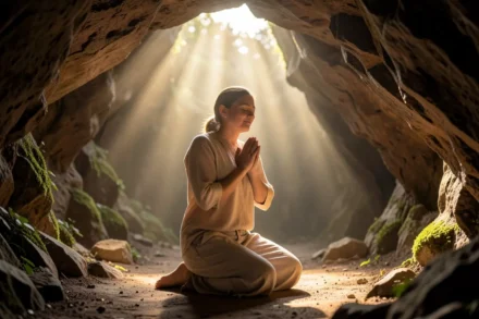 Salmo 91:1: O Esconderijo do Altíssimo e Sua Proteção Inabalável Pessoa orando em caverna, simbolizando o esconderijo do Altíssimo