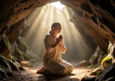 Salmo 91:1: O Esconderijo do Altíssimo e Sua Proteção Inabalável Pessoa orando em caverna, simbolizando o esconderijo do Altíssimo