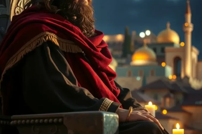 O Rei Davi sentado em seu trono contemplando a cidade de Jerusalém.