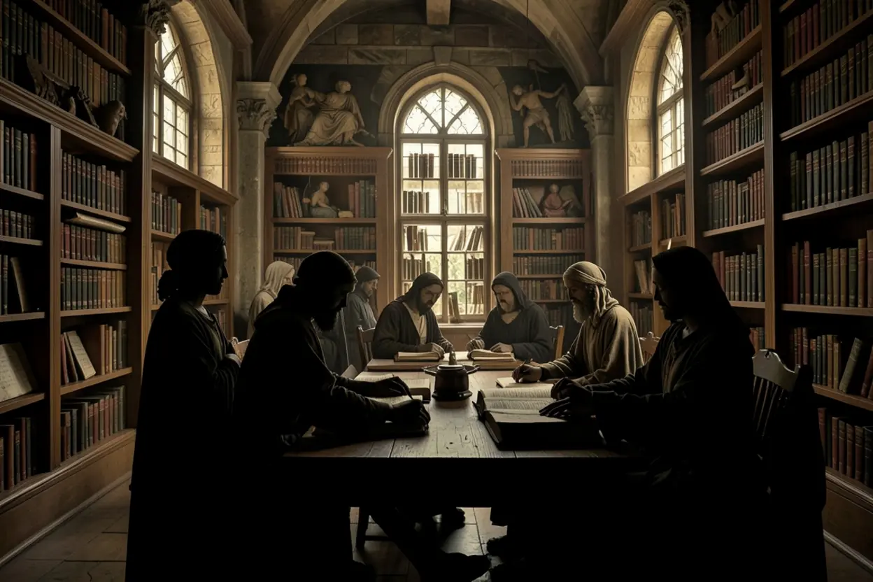 Silhuetas de figuras bíblicas reais em uma biblioteca antiga, estudando manuscritos sagrados.