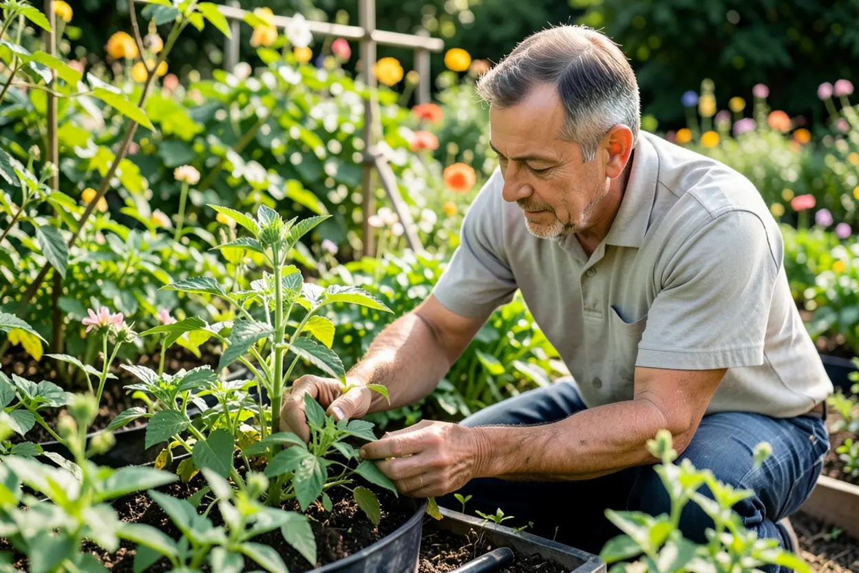 Homem cuidando do jardim, exercendo sua responsabilidade.