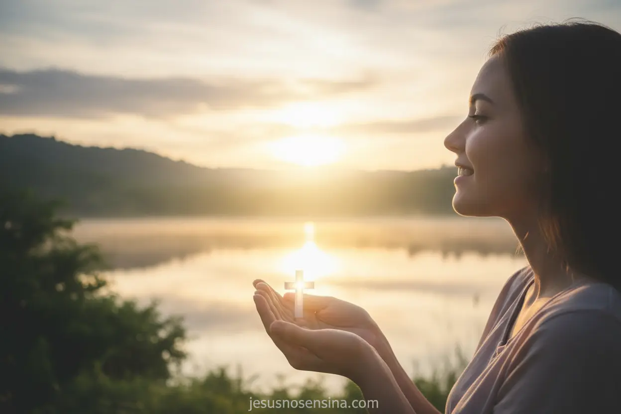 Resumo da Salvação em Cristo Pessoa feliz olhando o horizonte, representando a nova vida em Cristo.