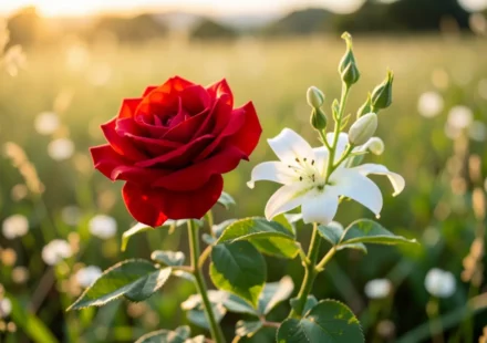 Cantares 2:1: A Rosa de Saron e o Lírio dos Vales Rosa de Saron e Lírio dos Vales florescendo em campo.