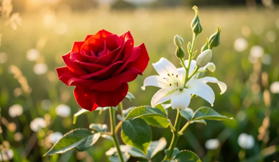 Rosa de Saron e Lírio dos Vales florescendo em campo.