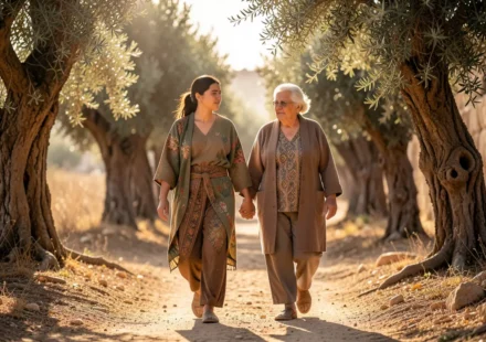 Rute e Noemi caminhando juntas, simbolizando lealdade e fé.