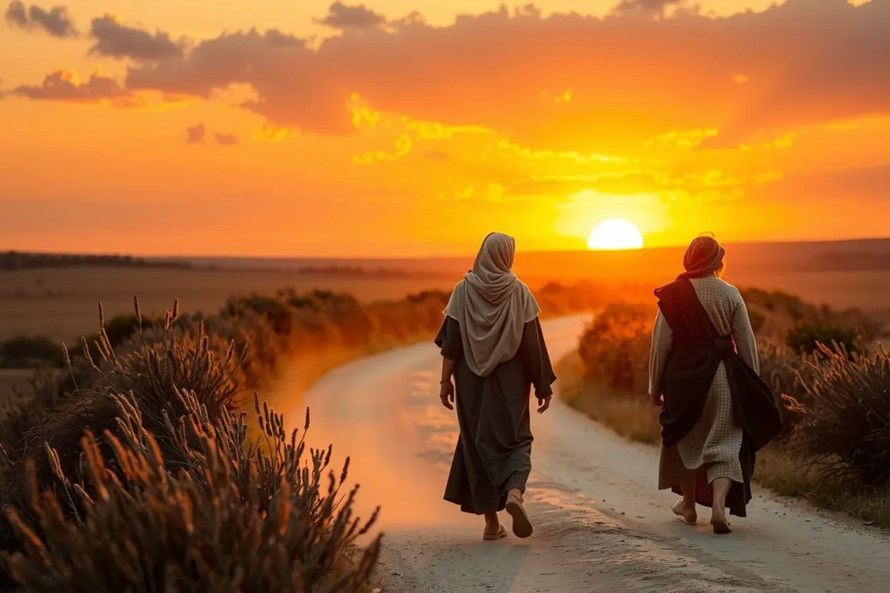 Rute e sua sogra Noemi caminhando juntas em direção a Belém.