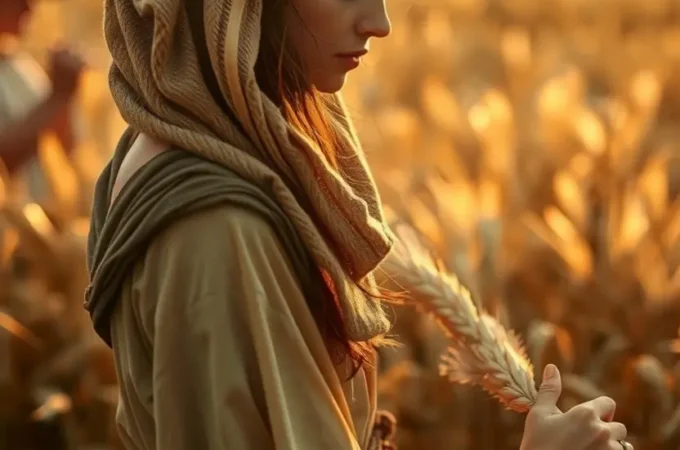 Rute colhendo espigas em um campo de trigo sob a luz do pôr do sol.