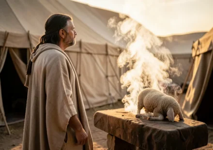 O Simbolismo dos Sacrifícios no Pentateuco: O que eles revelam? Sacerdote no tabernáculo com sacrifício de cordeiro no altar fumegante