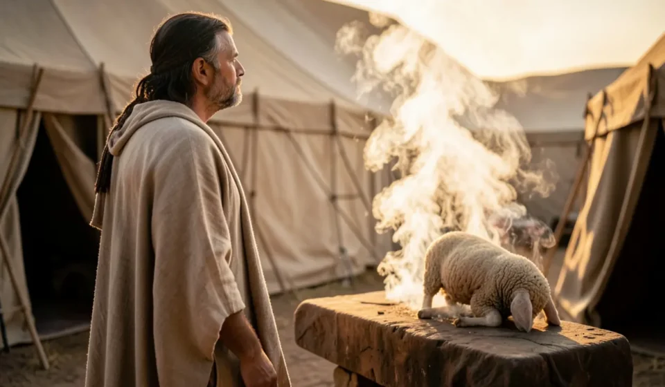 Sacerdote no tabernáculo com sacrifício de cordeiro no altar fumegante