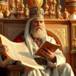 Rei Salomão em seu trono de ouro com tesouros.