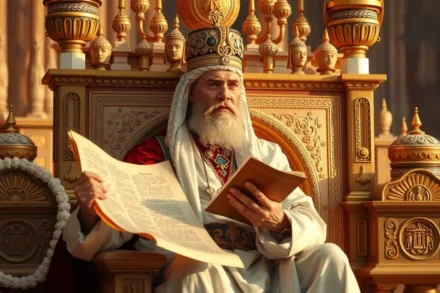 Salomão Rico em 2 Crônicas: A Verdade Bíblica por Trás de Sua Prosperidade Rei Salomão em seu trono de ouro com tesouros.