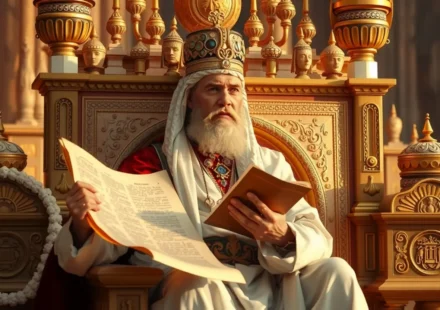 Rei Salomão em seu trono de ouro com tesouros.