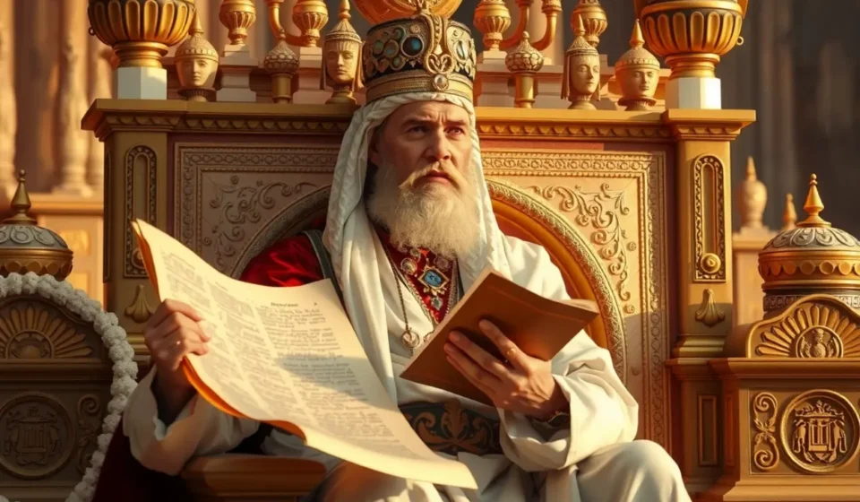 Rei Salomão em seu trono de ouro com tesouros.