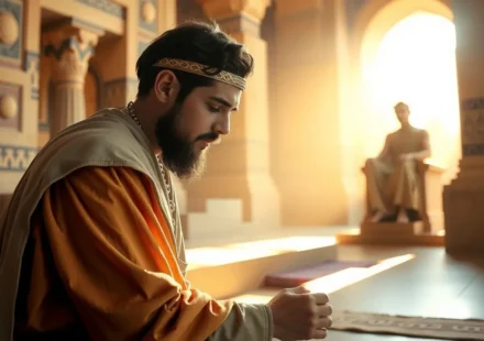 Rei Salomão ajoelhado em oração, buscando sabedoria de Deus.